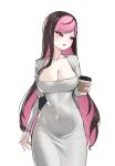  1girl :3 bag breasts brown_hair cleavage colored_inner_hair covered_navel cup disposable_cup dongtan_dress dress grey_dress handbag hara_(k_hara17) highres holding holding_cup indie_virtual_youtuber korean_commentary large_breasts long_hair looking_to_the_side meme_attire mole mole_under_eye moyaji_(vtuber) multicolored_hair open_mouth pencil_dress pink_eyes pink_hair pink_nails simple_background smile solo stomach taut_clothes taut_dress tight_clothes tight_dress two-tone_hair very_long_hair virtual_youtuber white_background 
