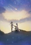  1boy 1girl backlighting blue_hair blurry capelet cloak cloud depth_of_field dress falling_star frieren from_side full_body gold_trim hands_up highres himmel_(sousou_no_frieren) hood hood_down hooded_cloak long_hair marriage_proposal profile short_hair sky sousou_no_frieren standing star_(sky) starry_sky white_capelet white_cloak white_dress white_hair yi_12199 