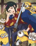  1girl 6+boys black_eyes black_gloves black_hair blue_coat brown_eyes coat crossover cyclops eboshi gloves goggles gun hakama head_rest head_tilt headpat highres holding holding_handkerchief holding_polearm holding_weapon japanese_clothes kimono looking_at_viewer minion_(despicable_me) minions_(movie) mononoke_hime multiple_boys one-eyed pink_ribbon pointing polearm print_kimono red_kimono red_lips ribbon rikaco1988 short_hair sidelocks sitting smile spear studio_ghibli tongue tongue_out weapon 