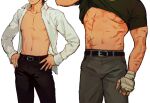  2boys absurdres bara bare_pectorals belt clothes_lift collared_shirt feet_out_of_frame head_out_of_frame highres male_focus multiple_boys muscular muscular_male navel nipples original pectorals quietgom shirt shirt_lift standing stomach underpec 