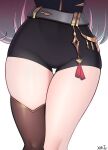  1girl adapted_costume cameltoe highres hip_focus hololive hololive_english long_hair mori_calliope mori_calliope_(1st_costume) pink_hair short_shorts shorts signature single_thighhigh skindentation thick_thighs thigh_focus thighhighs thighs virtual_youtuber wide_hips xnijg 