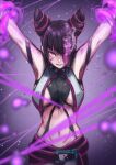  1girl absurdres arms_up black_hair breasts collar commentary_request crop_top diagonal_bangs drill_hair eyes_visible_through_hair glowing glowing_eyes hair_over_one_eye han_juri heterochromia highres looking_at_viewer medium_breasts medium_hair momo_juice multicolored_hair navel pink_eyes pink_hair pink_lips restrained revealing_clothes smile solo spiked_collar spikes streaked_hair street_fighter street_fighter_6 teeth twin_drills twintails two-tone_hair 