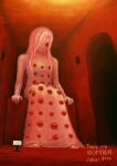 1girl absurdres artist_name commentary_request dated extra_eyes giant giantess guru hair_over_one_eye highres long_hair monster_girl original red_theme sign sitting solo thank_you white_hair 