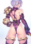  1girl armor ass bare_back bare_shoulders blue_background blue_eyes character_request commentary_request cowboy_shot from_behind gradient_background grey_hair highres isabella_valentine leotard looking_at_viewer looking_back matsuda_(matsukichi) purple_hair purple_leotard purple_lips purple_thighhighs short_hair shoulder_armor solo soulcalibur standing sword thighhighs thighlet thighs weapon white_background 
