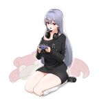  1girl black_footwear black_sweater breasts controller dress grey_hair hara_(k_hara17) headphones headphones_around_neck highres holding holding_controller indie_virtual_youtuber large_breasts long_hair looking_at_viewer off_shoulder open_mouth playstation_controller pokemon red_eyes seiza shiochannnnn short_dress simple_background single_bare_shoulder sitting slowpoke smile socks solo stuffed_animal stuffed_toy sweater sweater_dress thighs very_long_hair virtual_youtuber white_background white_socks 