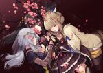  3girls black_eyes black_hair blonde_hair braid branch cherry_blossoms closed_eyes dress fingerless_gloves fishnets flower frills gloves grey_hair hair_ornament highres hiroe_chiharu long_hair lying magia_record:_mahou_shoujo_madoka_magica_gaiden magical_girl mahou_shoujo_madoka_magica multiple_girls on_side pantyhose partially_submerged petals ponytail ripples shorts toki_sunao tokime_shizuka veil water yukishiro_(hitsuji) 