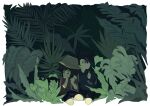  2boys black_hair black_shorts black_sweater brown_bag brown_hair bucket_hat child commentary covering_own_mouth hand_on_another&#039;s_shoulder hat highres hood hooded_sweater jungle kd_(jichaman1) kneeling leaf looking_to_the_side looking_up male_focus manjoume_jun multiple_boys nature plant red_shirt scared shirt shorts sweater yu-gi-oh! yu-gi-oh!_gx yuuki_juudai 