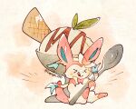  &gt;_&lt; :q artist_name blush brown_background chocolate_syrup closed_eyes closed_mouth commentary food hashtag_only_commentary highres holding holding_spoon ice_cream ice_cream_cone ice_cream_cup licking_lips mint no_humans notice_lines pokemon pokemon_(creature) simple_background sitting smile solo spoon sylveon tongue tongue_out twitter_username waffle_cone white_background zugvogel_0525 