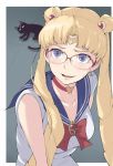  1girl bespectacled bishoujo_senshi_sailor_moon blonde_hair blue_eyes blush bow breasts cat choker cleavage collarbone crescent crescent_earrings derivative_work double_bun earrings eyebrows glasses heart heart_choker highres ina_(gokihoihoi) jewelry large_breasts long_hair looking_at_viewer nervous_smile over-rim_eyewear parted_lips red-framed_eyewear red_bow sailor_moon screencap_redraw semi-rimless_eyewear sleeveless solo sweat tsukino_usagi twintails very_long_hair 