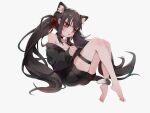 1girl absurdres animal_ear_fluff animal_ears bags_under_eyes black-choker black_hair cat_ears cat_girl cat_tail choker full_body highres red_eyes shouwang simple_background solo stylus sweater tablet_pc tail thigh_strap twintails white_background writing xingye 