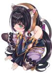  1girl animal_ear_fluff animal_ears arms_between_legs bare_shoulders black_hair bread cat_ears cat_girl cat_tail commentary_request detached_sleeves eyebrows_visible_through_hair food hair_between_eyes highres kaltoma karyl_(princess_connect!) long_hair looking_at_viewer low_twintails multicolored_hair princess_connect! princess_connect!_re:dive short_hair simple_background solo spread_legs squatting tail twintails two-tone_hair v-shaped_eyebrows white_background white_hair 