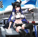  1girl absurdres aidoruhakase asymmetrical_horns black_hair blue_hair blush breasts checkered_flag cleavage colored_inner_hair demon_horns flag gloves hair_ornament highres hololive hololive_english horns large_breasts long_hair looking_at_viewer mole mole_under_eye multicolored_hair navel nerissa_ravencroft race_queen red_eyes smile thighhighs two-tone_hair uneven_horns very_long_hair virtual_youtuber 