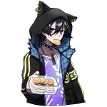  1boy animal_ears animal_hood black_footwear black_hair black_nails collar collarbone cookie food food_in_mouth hair_between_eyes hand_print holostars hood hood_up hoodie kanade_izuru looking_at_viewer male_focus nail_polish o-ring purple_eyes solo spiked_collar spikes transparent_background upper_body virtual_youtuber yaeyama_reishi 