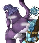 anthro big_butt blue_body blue_fur bodily_fluids bound breasts butt duo evil_grin face_in_ass felid feline female female/female forced fur hands_on_legs hi_res looking_back mammal musk musk_clouds nude one_eye_closed purple_body purple_fur smile smothering stinkface sweat sweaty_butt tied_to_pole uncomfortable zubuzz