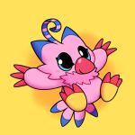  1:1 2019 ambiguous_gender avian biyomon blue_markings blush chibi claws digimon digimon_(species) feather_tuft feathers happy happycrumble markings pink_body pink_feathers red_claws simple_background smile solo tail_feathers toe_claws tuft yellow_background 