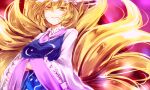  1girl blonde_hair commentary_request dress fox_girl fox_tail kitsune kutsuki_kai long_sleeves multiple_tails one-hour_drawing_challenge purple_background short_hair solo tabard tail touhou white_dress wide_sleeves yakumo_ran 