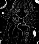  1girl blunt_bangs blush closed_mouth danganronpa_(series) danganronpa_2:_goodbye_despair highres hood hooded_jacket jacket looking_at_viewer medium_hair messy_hair monochrome nanami_chiaki neck_ribbon open_clothes open_jacket planet ribbon shimotsuki_niko sketch smile solo spaceship_hair_ornament sparkle upper_body 