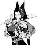  1girl animal_ears armored_gloves backpack bag blush breasts character_request check_character greyscale highres large_breasts looking_at_viewer matata1203 medium_hair monochrome original solo sword tagme weapon white_background 