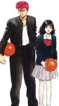  1boy 1girl akagi_haruko ball basketball_(object) black_hair black_pants gakuran holding_basketball inoue_takehiko non-web_source pants red_hair sakuragi_hanamichi school_uniform shohoku_high_school_uniform skirt slam_dunk_(series) white_background white_skirt 