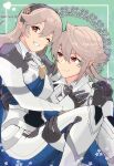  1boy 1girl black_gloves blue_cape bodysuit breasts cape carrying corrin_(female)_(fire_emblem) corrin_(fire_emblem) corrin_(male)_(fire_emblem) dual_persona fire_emblem fire_emblem_fates gloves green_background grey_hair hair_behind_ear hair_between_eyes hand_on_another&#039;s_shoulder heart highres juliet_sleeves kiriya_(552260) long_hair long_sleeves looking_at_another looking_at_viewer medium_breasts parted_lips pointy_ears princess_carry puffy_sleeves red_eyes smile white_bodysuit 