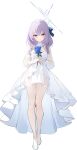  1girl absurdres ai-generated atsuko_(blue_archive) blue_archive blue_flower blue_rose breasts dress emmeria flower full_body hair_ribbon halo highres looking_at_viewer purple_hair red_eyes ribbon rose small_breasts smile white_dress white_footwear 