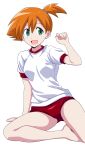  1girl :d absurdres alternate_costume arm_support barefoot blush breasts buruma commentary green_eyes hair_between_eyes hand_up happy highres misty_(pokemon) one_side_up open_mouth orange_hair pokemon pokemon_(anime) ponzu_rui red_buruma shirt short_sleeves simple_background sitting smile solo white_background white_shirt 