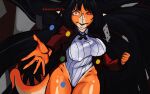 2024 5_fingers abstract_background anthro aquilops artist_name big_breasts black_hair breasts clothing cosplay crossover crossover_cosplay curvy_figure dannoartista digital_drawing_(artwork) digital_media_(artwork) dinosaur eyelashes female fingers goodbye_volcano_high hair hi_res kakegurui leotard long_hair long_tail multicolored_body multicolored_scales nipple_outline orange_body orange_scales red_eyes reptile rosa_(gvh) scales scalie solo spiked_tail spikes spikes_(anatomy) tail tan_body tan_scales thick_thighs two_tone_body two_tone_scales voluptuous watermark wide_hips