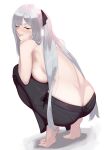  1girl absurdres ak-12_(girls&#039;_frontline) ass back bare_back barefoot belt black_pants black_ribbon breasts closed_eyes facing_away girls&#039;_frontline hair_ribbon hand_on_own_face highres large_breasts long_hair looking_at_viewer looking_back no_shirt ohc. pants ponytail ribbon sideboob simple_background solo split_ponytail squatting white_background white_hair 