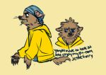  anthro blue_eyes breaking_bad canid canine canis claws clothed clothing domestic_dog fangs fluffy fluffy_tail fur hat headgear headwear humanoid jacket jesse_pinkman male mammal open_mouth paws pit_bull pomeranian simple_background solo spitz topwear yourjazzonia 