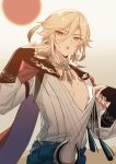  1boy black_gloves blonde_hair earrings feather_hair_ornament feathers genshin_impact gloves hair_between_eyes hair_ornament highres jewelry kaveh_(genshin_impact) long_hair long_sleeves male_focus nipples open_mouth red_eyes shirt solo taosheng white_shirt 