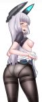  1girl ass black_bodysuit black_legwear bodysuit breasts breasts_outside burusuta colored_pencil_(medium) dress embarrassed graphite_(medium) headgear kantai_collection looking_at_viewer mechanical_pencil medium_breasts murakumo_(kantai_collection) open_mouth pantyhose pencil sailor_dress silver_hair simple_background solo thighband_pantyhose traditional_media white_background yellow_eyes 
