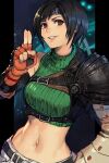  1girl armor bare_shoulders belt black_eyes black_hair breasts clawed_gauntlets crop_top cropped_shirt cropped_sweater final_fantasy final_fantasy_vii final_fantasy_vii_rebirth final_fantasy_vii_remake forehead_protector gloves green_shirt green_sweater hungry_clicker looking_at_viewer midriff navel ninja open_fly open_mouth shirt short_hair short_shorts shorts sleeveless sleeveless_shirt solo stomach sweater teeth turtleneck yuffie_kisaragi 