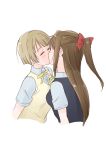  2girls black_vest blush bow breasts brown_hair closed_eyes commentary_request cropped_torso facing_another grey_hair hair_bow half_updo kiss long_hair love_live! love_live!_nijigasaki_high_school_idol_club medium_breasts multiple_girls nakasu_kasumi neck_ribbon nijigasaki_academy_school_uniform osaka_shizuku red_bow ribbon school_uniform short_hair short_sleeves sidelocks summer_uniform takahashi_mugi vest white_background yellow_ribbon yellow_vest yuri 