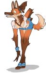 anthro bottomwear breasts canid canine cleavage clothed clothing digital_media_(artwork) female fur green_eyes hair jam_(artist) mammal maned_wolf shorts smile solo sweatband tail tuft