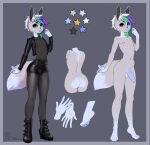 anthro blue_eyeshadow blue_hair blue_nails blue_piercing boots bottomwear bulge chin_piercing clothing colored_nails eevee eyeshadow footwear frenky_hw fur generation_1_pokemon genitals girly gold_spikes green_hair grey_body grey_fur hair hi_res highlights_(coloring) jacket lagomorph leather leather_boots leather_bottomwear leather_clothing leather_footwear leather_jacket leather_skirt leather_topwear leporid looking_at_viewer makeup male mammal miniskirt mishabahl model_sheet nails nintendo nipple_piercing nipples nylon_stockings penis piercing pink_hair pokemon pokemon_(species) punk_boots rabbit skirt solo spiked_jacket tail topwear unknown_character white_hair yellow_eyes