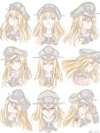  1girl absurdres atodashi bare_shoulders bismarck_(kancolle) black_gloves black_headwear blonde_hair blue_eyes cropped_shoulders gloves hair_between_eyes hand_on_headwear hat highres kantai_collection long_hair military_hat multiple_views parted_lips peaked_cap simple_background smile twitter_username upper_body white_background 