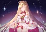  1girl absurdres artist_request bangs bare_shoulders belly_chain blonde_hair blush breasts cleavage closed_eyes closed_mouth constellation crown curtsey dress europa_(fate/grand_order) fate/grand_order fate_(series) highres jewelry large_breasts long_hair long_sleeves night night_sky panties red_panties sky smile thighs underwear very_long_hair white_dress 
