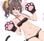  1girl animal_ear_fluff animal_ears animal_hands aqua_eyes bandeau bikini black_bikini blush breasts cat_ears cat_girl cat_tail commentary_request fur_bikini gloves hair_ornament hair_scrunchie head_tilt highres hololive looking_at_viewer lowleg lowleg_bikini natsuiro_matsuri navel ontake2009 open_mouth partial_commentary paw_gloves scrunchie side-tie_bikini_bottom side_ponytail sidelocks small_breasts smile solo stomach strapless strapless_bikini swimsuit tail virtual_youtuber white_background yellow_scrunchie 