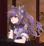  1girl black_gloves capkal commentary_request cone_hair_bun earrings genshin_impact gloves grey_shirt hair_bun hair_ornament hand_up jewelry keqing_(genshin_impact) long_hair purple_eyes purple_hair shirt short_sleeves sidelocks smile solo twintails upper_body very_long_hair 