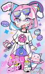  1girl animal-themed_food bare_shoulders belt belt_buckle black_tank_top blue_background blue_hair blush_stickers buckle cat cellphone check_copyright cloud colorful commentary_request cone_hair_bun copyright_notice copyright_request double_bun doughnut dripping english_text eyelashes eyewear_on_head fang food full_body gradient_eyes hair_bun holding holding_phone ice_cream ice_cream_cone jewelry layered_skirt long_skirt looking_at_viewer miniskirt multicolored_eyes multicolored_hair nail_polish necklace off-shoulder_shirt off_shoulder open_mouth original pastel_colors phone pink_background pink_hair pink_nails purple_eyes purple_skirt purple_wristband rainbow ring shirt shoe_belt shoes short_sleeves simple_background skirt smartphone smile sneakers solo sparkle striped_background sunglasses t-shirt tank_top terada_tera tooth_necklace two-tone_background two-tone_hair white_belt white_footwear white_shirt white_sleeves zipper_pull_tab 