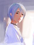  1girl another_code ashley_mizuki_robbins black_choker brown_eyes choker highres kanasaki_taisuke lips looking_at_viewer shirt short_hair solo white_hair white_shirt 