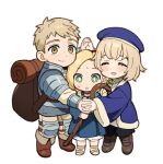  1boy 2girls ^_^ armor backpack bag beret black_pants blonde_hair blue_dress blue_headwear boots boy_and_girl_sandwich braid bright_pupils brother_and_sister brown_eyes brown_footwear chibi chibi_only closed_eyes commentary dress dungeon_meshi facing_viewer falin_thorden full_body green_eyes hat highres holding holding_hands holding_staff interlocked_fingers knee_boots knee_pads laios_thorden long_sleeves looking_at_viewer marcille_donato medium_hair multiple_girls open_mouth pants pauldrons pointy_ears sandwiched short_hair shoulder_armor siblings side_braid simple_background single_braid smile staff standing symbol-only_commentary triangle_mouth vambraces white_background white_pupils wuliu_heihuo 