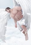  1boy abs angel angel_wings arm_hair bara beard_stubble facial_hair falling_feathers feathered_wings feathers floating full_body highres jojiart large_pectorals male_focus mature_male muscular muscular_male mustache navel_hair nipples original pectorals sarong sideburns solo stubble thick_eyebrows topless_male white_sarong wings 