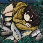  1girl black_hair blush brown_eyes bubbacterial fish fishing_lure hair_between_eyes highres jacket long_sleeves looking_at_viewer lying on_side open_mouth original parted_lips short_hair shorts sleeves_past_wrists solo wet wet_clothes wet_hair yellow_jacket 