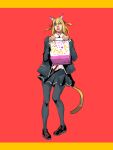  1girl animal_ear_fluff animal_ears araki_hirohiko_(style) bag black_jacket black_pantyhose black_skirt blonde_hair border cat_ears cat_girl cat_tail commentary_request full_body hair_between_eyes highres holding holding_bag jacket jojo_no_kimyou_na_bouken lips long_sleeves looking_at_viewer mcdonald&#039;s medium_hair miniskirt original pantyhose parody pink_eyes pleated_skirt red_background runrun_ac_0630 shakacat simple_background skirt solo standing style_parody tail two_side_up yellow_border 