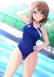  1girl absurdres armpits bare_shoulders blue_eyes blue_one-piece_swimsuit blush breasts brown_hair cameltoe collarbone commentary_request commission competition_swimsuit covered_navel hand_on_own_hip highleg highleg_swimsuit highres kisaragi_setsu_(mssk8485) light_blush looking_at_viewer love_live! love_live!_sunshine!! medium_breasts navel one-piece_swimsuit pixiv_commission pool salute short_hair smile solo swimsuit watanabe_you 