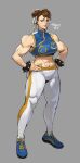  1girl abs absurdres bracelet brown_hair double_bun hair_bun hands_on_own_hips highres jewelry looking_to_the_side midriff muscular muscular_female pants sheep_shin shoes signature smile sneakers solo spiked_bracelet spikes street_fighter street_fighter_6 tight_clothes tight_pants turtleneck 