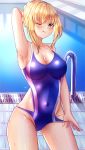  absurdres ahoge arm_behind_head arm_up armpits artoria_pendragon_(all) bangs bare_shoulders blonde_hair blue_swimsuit braid breasts cleavage closed_mouth collarbone competition_swimsuit covered_navel fate/stay_night fate_(series) french_braid green_eyes hair_bun highres huge_filesize large_breasts licking_lips one-piece_swimsuit one_eye_closed pool saber sidelocks swimsuit thighs tongue tongue_out vitaminechan wet 