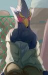 anthro avian beak blue_body blue_feathers blush breath_of_the_wild chikichikitaron clothing eyebrows feathers green_eyes hair hi_res long_hair male nintendo revali rito solo the_legend_of_zelda thick_eyebrows undressing