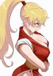  1girl anagumasan blonde_hair blush breasts capcom_vs_snk capcom_vs_snk_2 cleavage commentary_request crossed_arms final_fight final_fight_2 from_side genryuusai_maki high_ponytail highres japanese_clothes large_breasts long_hair looking_at_viewer ninja ponytail solo white_background 